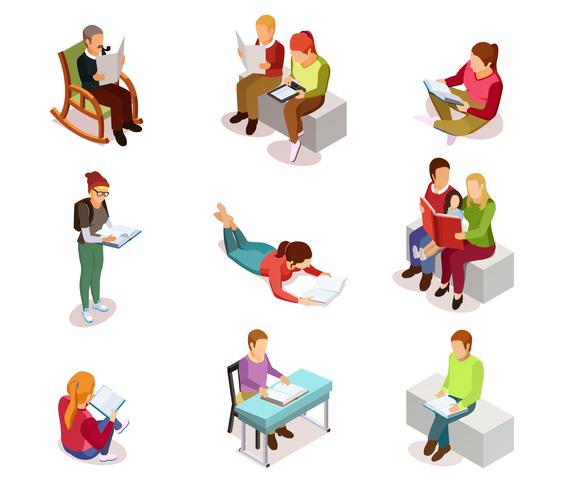 Isometirc Reading People Icon Set vector