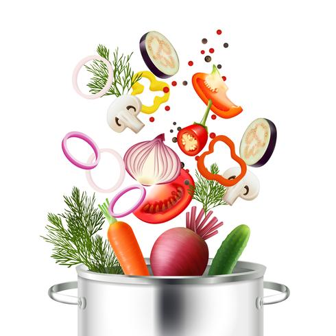 Concepto de verduras y olla vector