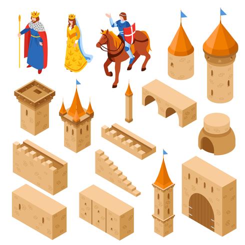 Conjunto isométrico del castillo real medieval vector