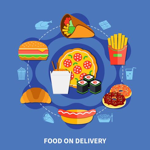 Cartel de servicio de comida rápida de entrega plana vector