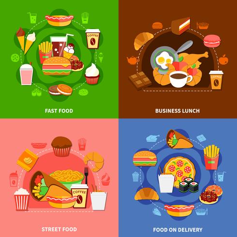 Comida rápida 4 iconos planos cuadrados vector