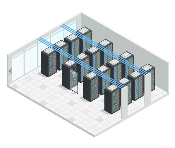 Interior isométrico de la sala de servidores vector