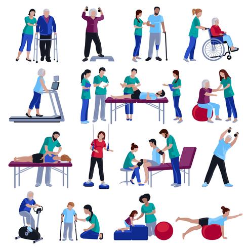 Rehabilitación de fisioterapia personas colección de iconos planos vector