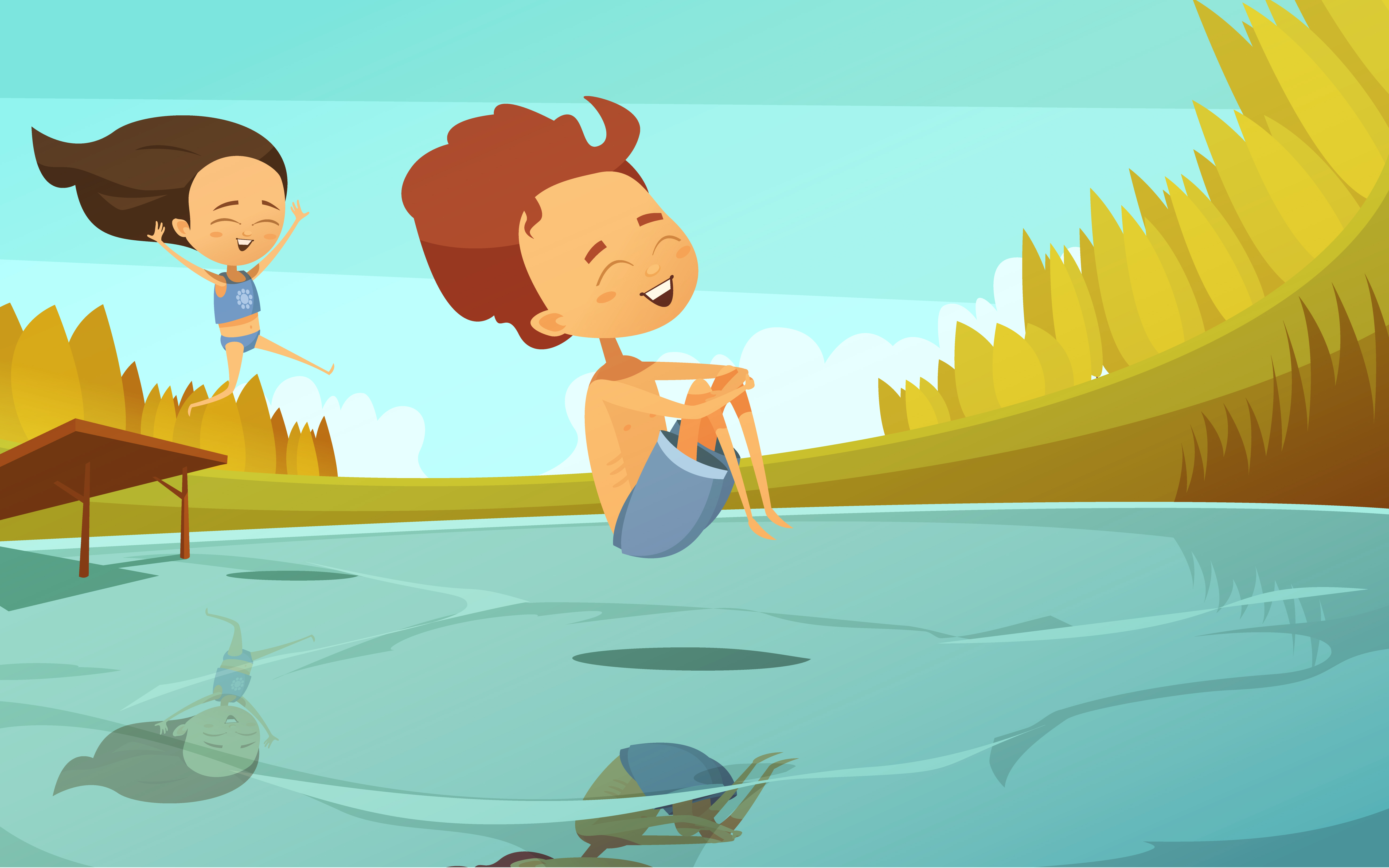 Cartoon Illustration With Kids Jumping Into Lake 482641 Vector Art at  Vecteezy