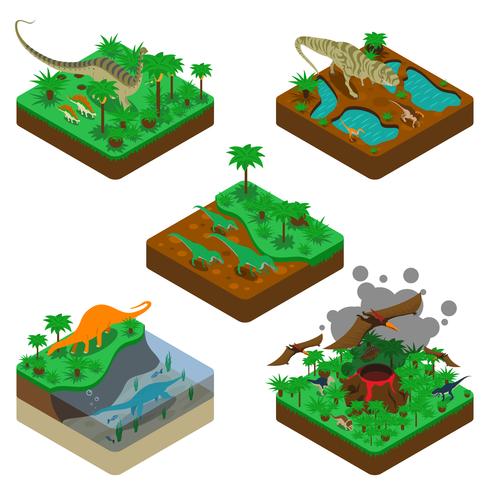 Dinosaurios composiciones isométricas vector