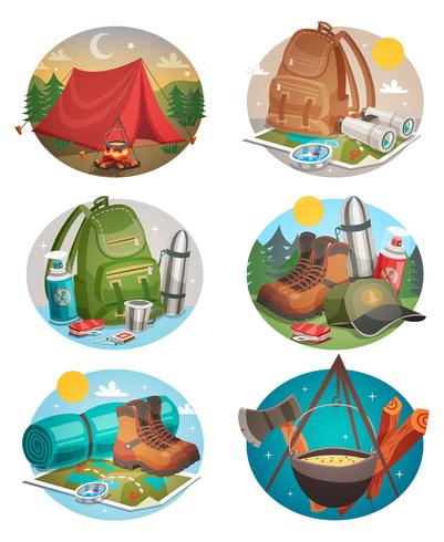 Conjunto de composiciones redondas de camping vector