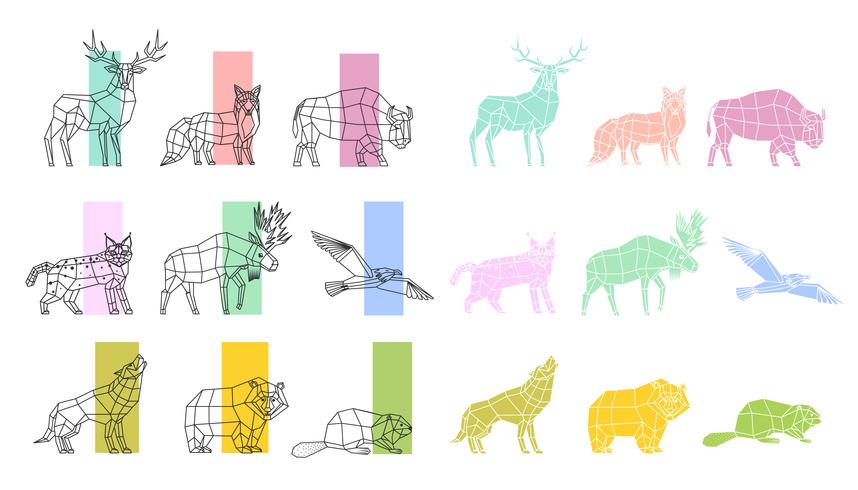 Animals Polygonal Linear Set vector
