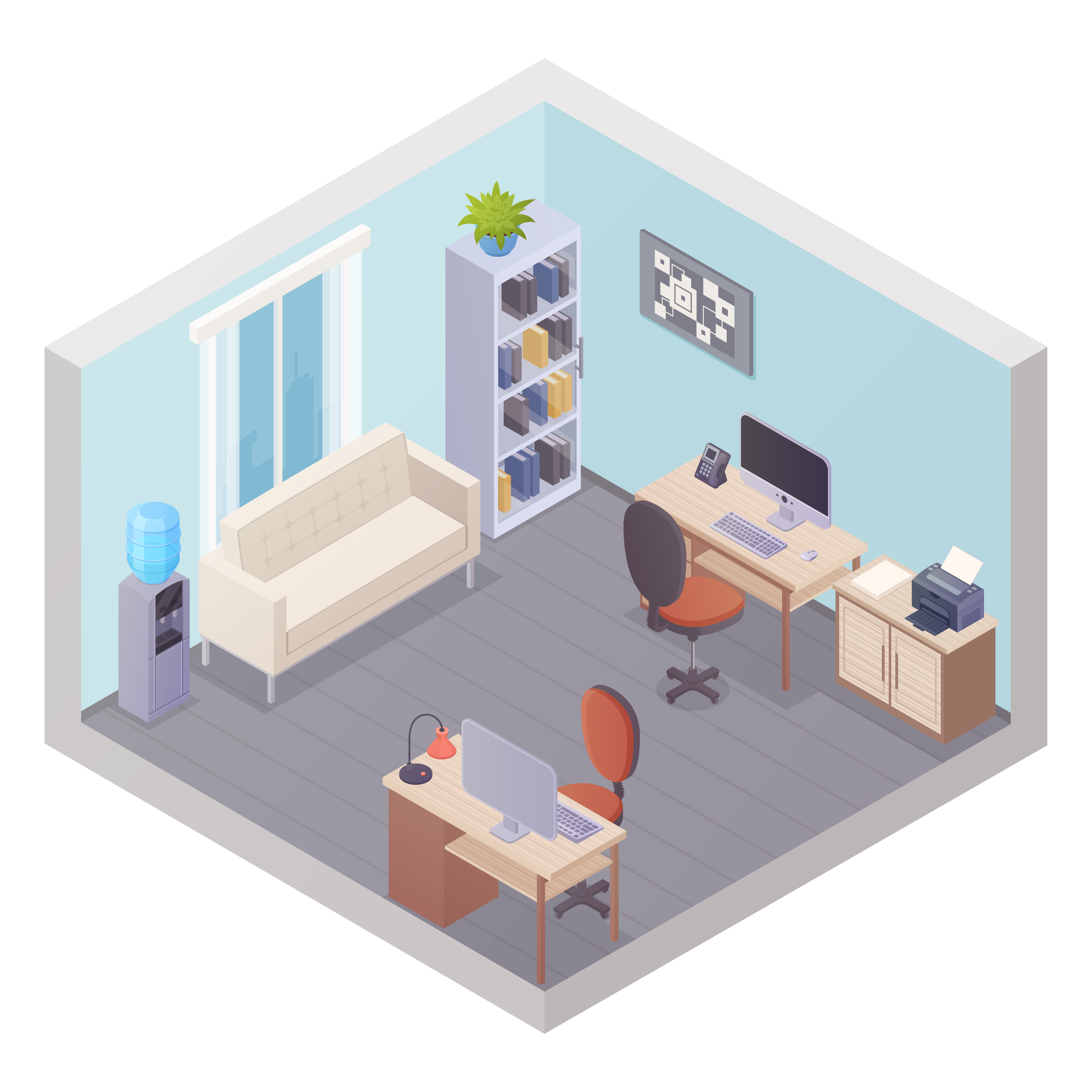 Isometric Office Interior With Two Workplaces 482750 Vector Art At Vecteezy