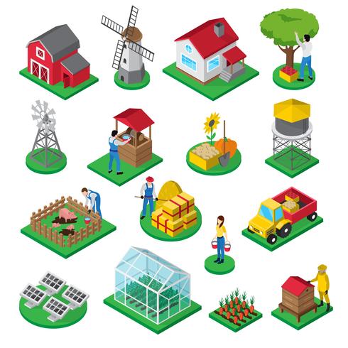 Farm Facilities Workers isometric icons set  vector