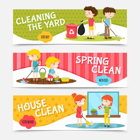 Kids Cleaning Horizontal Banners vector