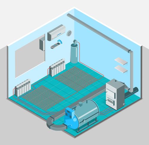 Plantilla isométrica interior del sistema de enfriamiento de calefacción vector