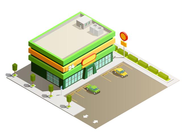  Supermarket Store Building Isometric Exterior View  vector