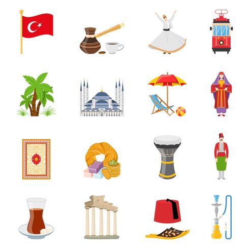 Conjunto de iconos de colores planos de Turquía vector