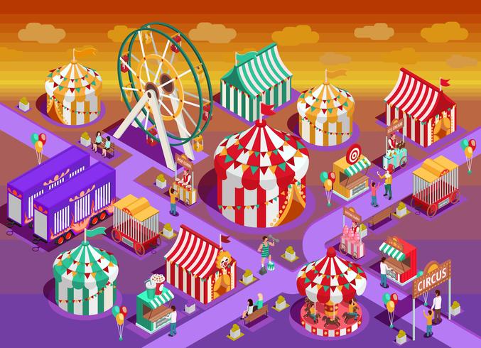 Parque de atracciones circo atracciones ilustración isométrica vector