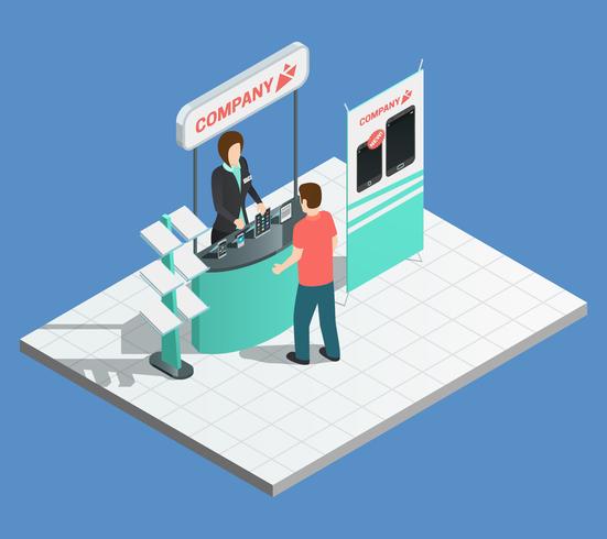 Exhibition promotion stands isometric composition vector