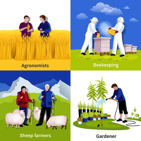 Los agricultores jardineros 4 iconos planos cuadrados vector