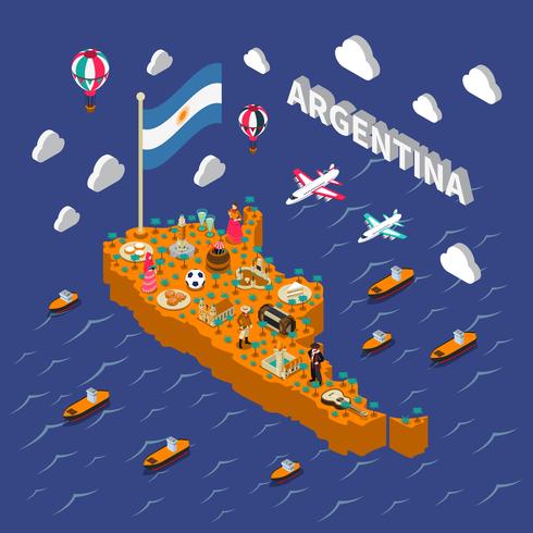 Cartel isométrico del mapa isométrico de las atracciones turísticas de Argentina vector