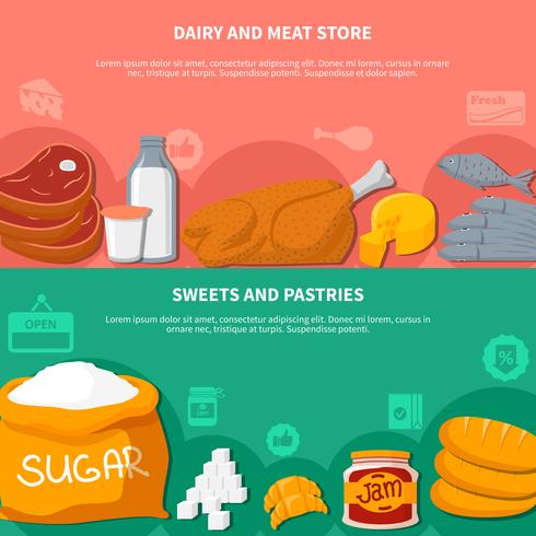 Lácteos Carnes Dulces Bollos Alimentos Banners vector