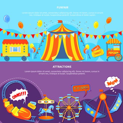 Parque de atracciones y atracciones 2 pancartas planas. vector