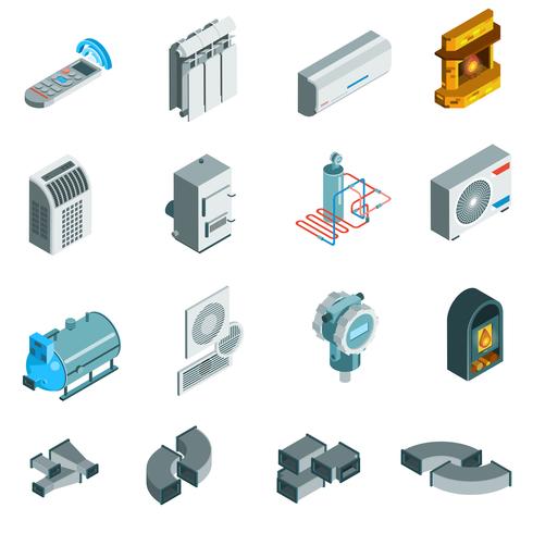 Conjunto de iconos isométricos de sistema de enfriamiento de calefacción vector