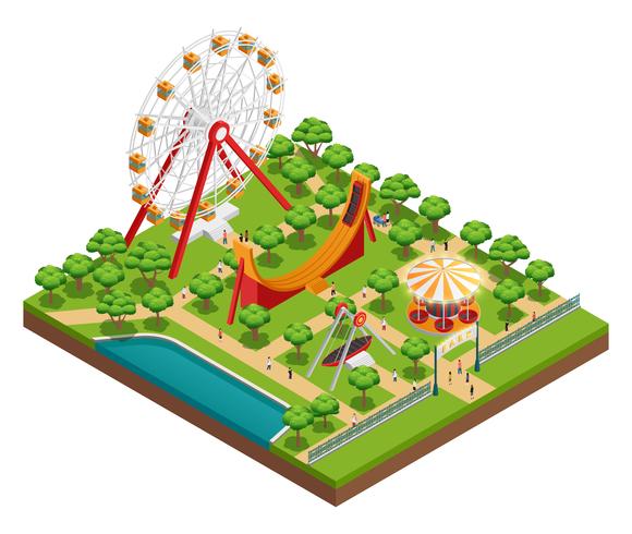 Composición isométrica del parque de atracciones vector