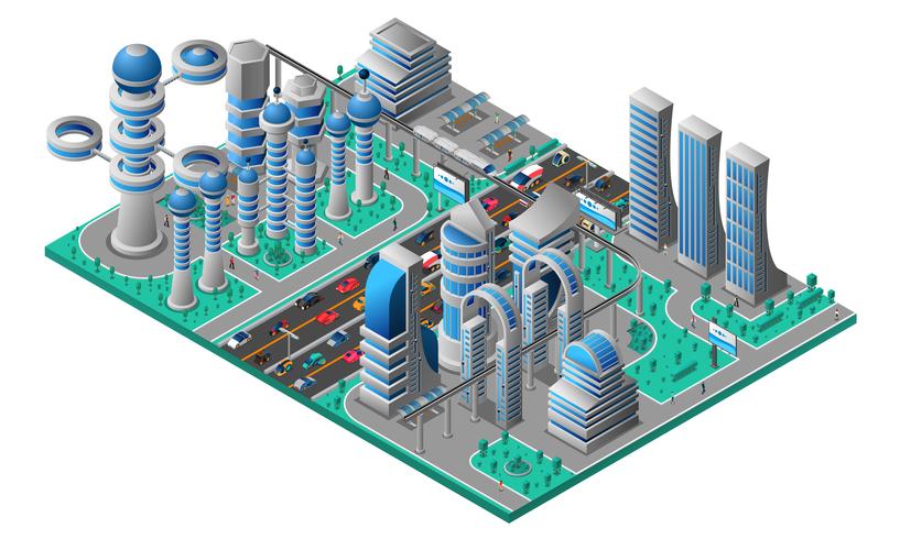 Plantilla isométrica del paisaje urbano futurista vector