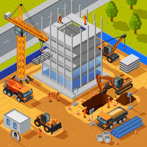 Construction Of Multistory Building Isometric Concept vector