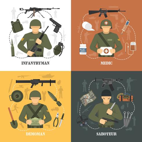 Ejército militar 4 iconos planos cuadrados vector