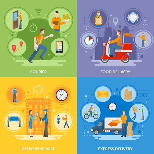Delivery Courier People 2x2 Flat Icons Set vector