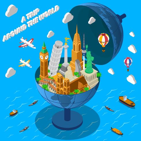 World Landmarks In Globe Isometric Poster vector