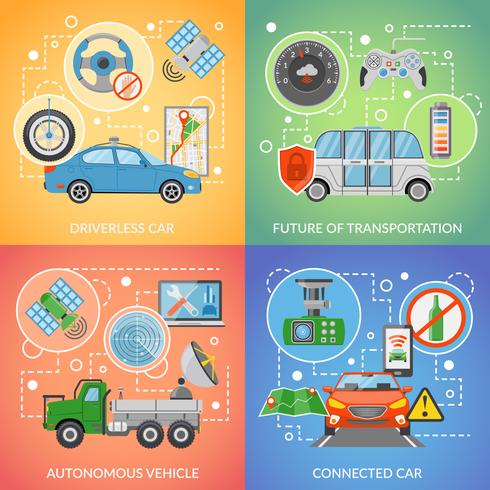 Driverless Car Autonomous Vehicle 2x2 Icons Set vector