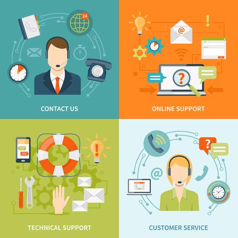 Contact Us Customer Support 2x2 Flat Icons Set vector