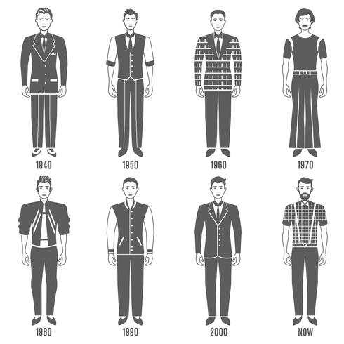 Hombres moda negro blanco evolución conjunto de iconos vector