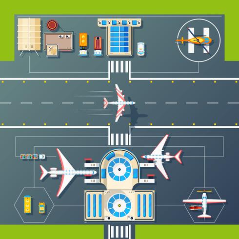 Imagen plana de la vista superior de pistas de aeropuerto vector