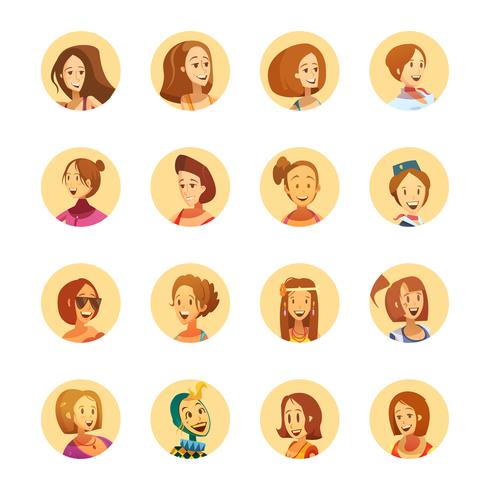 Woman Avatar Icons Cartoon Round  vector