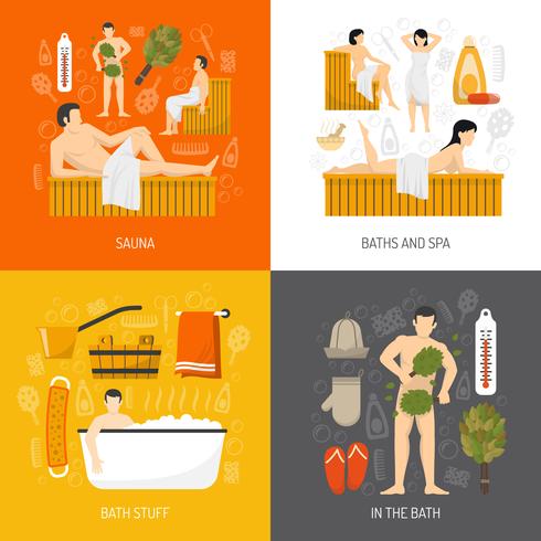 Bath Sauna Spa 4 Flat Icons vector