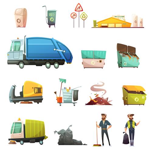 Garbage Waste Sorting Cartoon Icons Set  vector