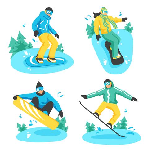 Personas en composiciones de snowboard de diseño vector