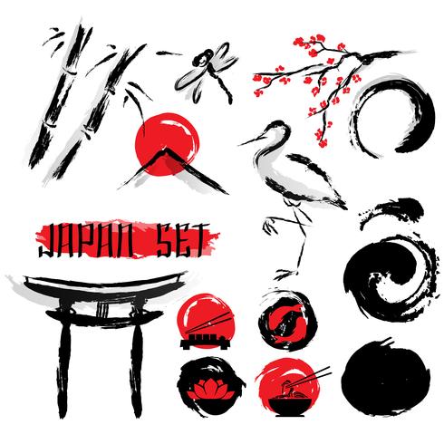 Conjunto de iconos de pintura de tinta Sumie japonés vector