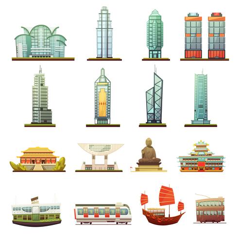 Conjunto de iconos de transporte de lugares de interés de Hong Kong vector