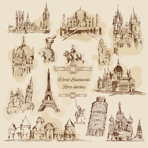 World Landmarks Sketch Vintage Icons Set vector