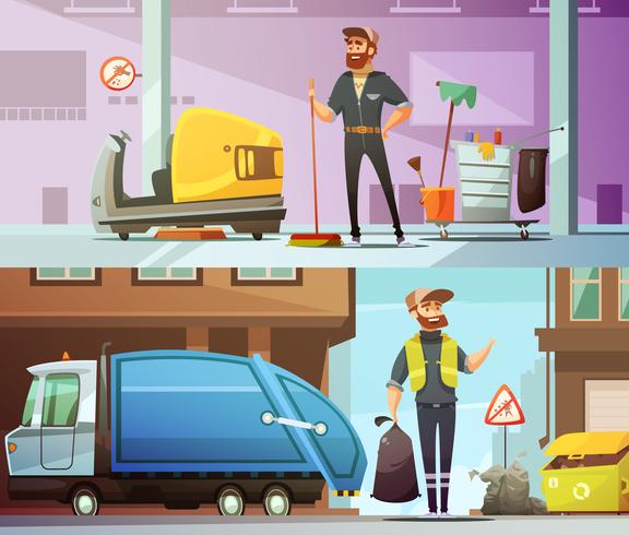 Cleaning Garbage Collecting Cartoon Banners Set vector