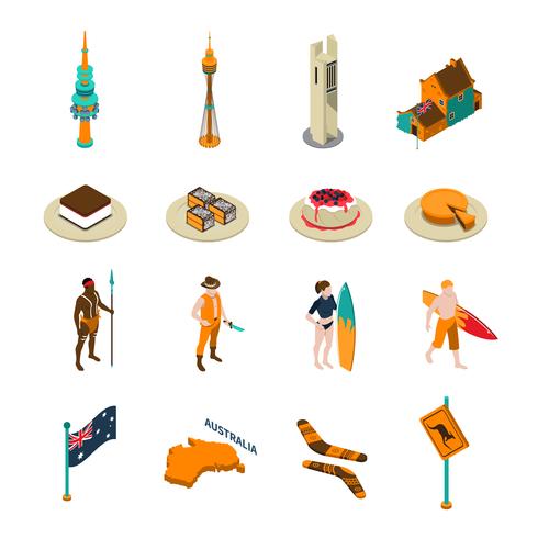 Australian Tourists Attraction Isometric Icons Set  vector