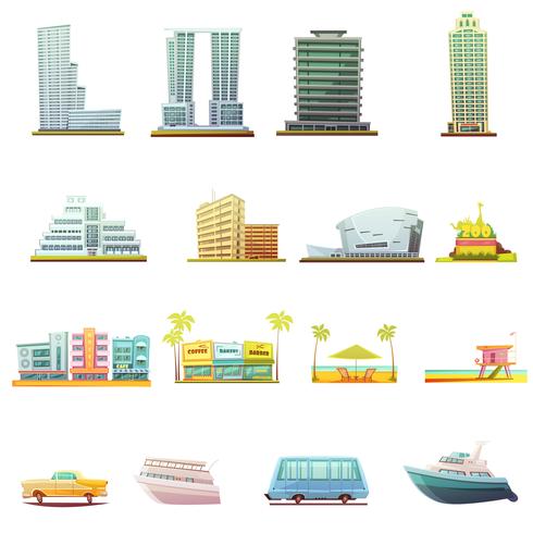 Miami Transportation Landscape Elements Icons Set  vector