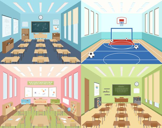 Aulas escolares y sala de deporte. vector