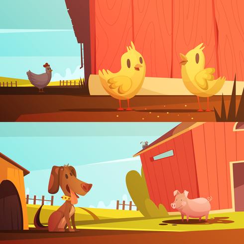 Farm Animals 2 Horizontal Cartoon Banners  vector