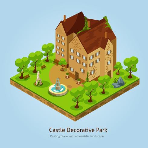 Concepto de diseño de paisaje de castillo isométrico vector