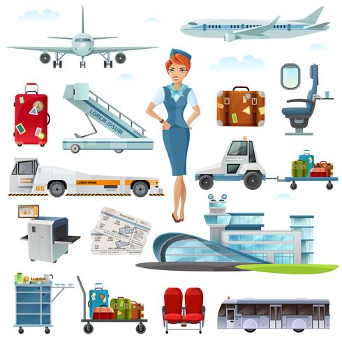 Airport Flight Accessories Flat Icons Set vector