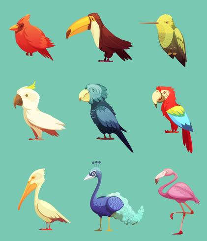 Conjunto de iconos retro exóticos pájaros tropicales vector