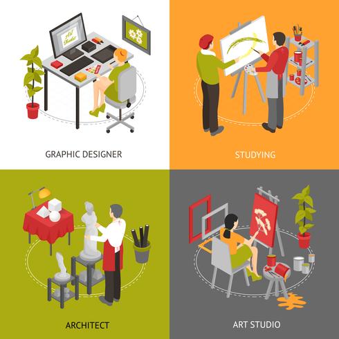 Art Studio isometric 2x2 icons set vector